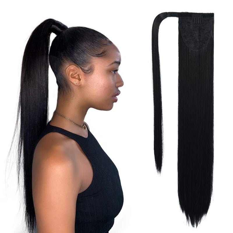 SEIKEA Clip in Ponytail Extension Wrap Around Long Straight Pony Tail Hair 28 Inch Synthetic Hairpiece - Black - Image 1